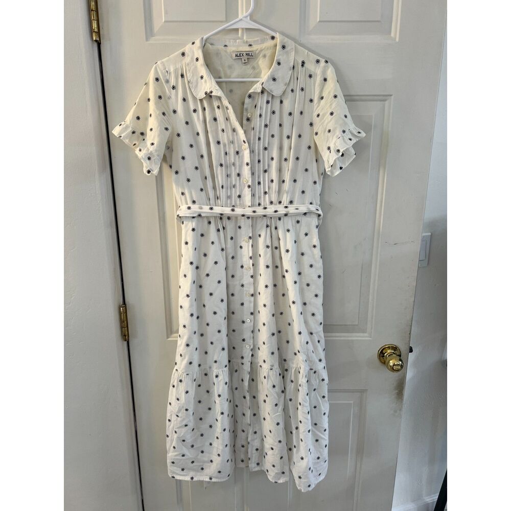 Alex Mill White Black Floral 100% Cotton Button Dress Midi Waist Tie Pockets S